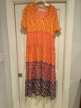 Marie Oliver Orange Pink Blue Tiered V-Neck Maxi Dress